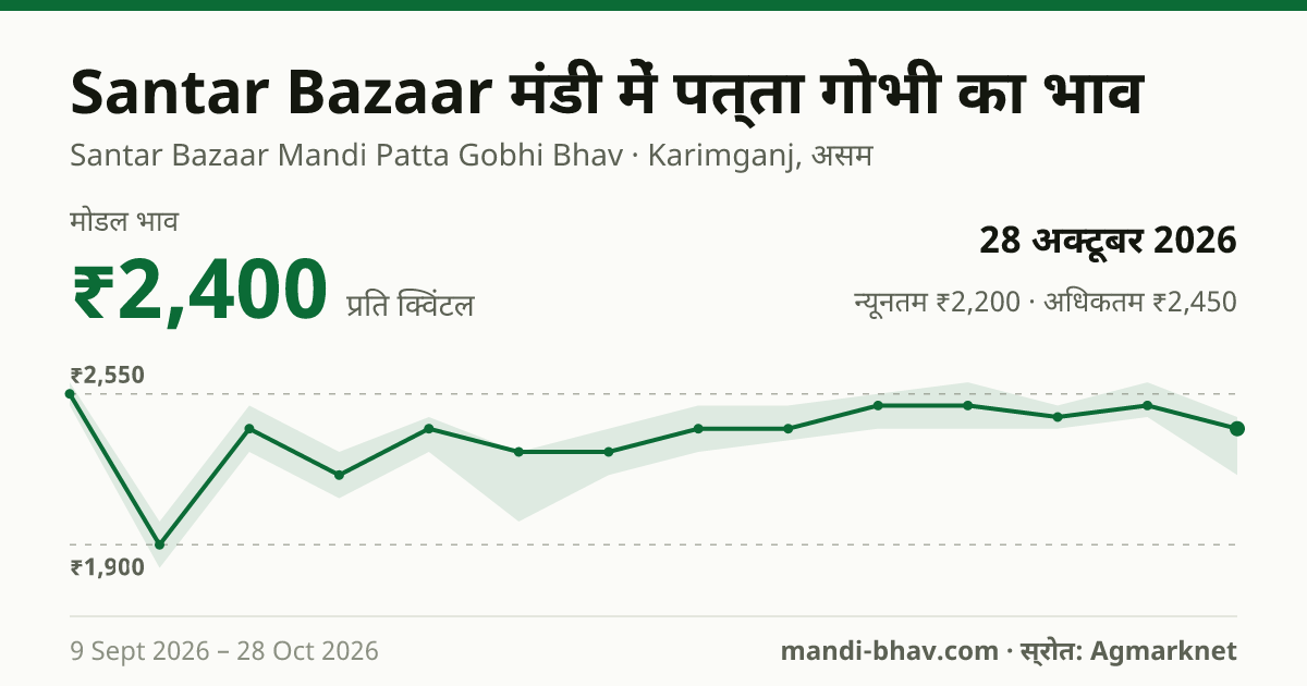 Santar Bazaar मंडी में पत्ता गोभी का भाव 28 अक्टूबर 2026: मोडल ₹2,400 प्रति क्विंटल, भाव के रुझान का चार्ट