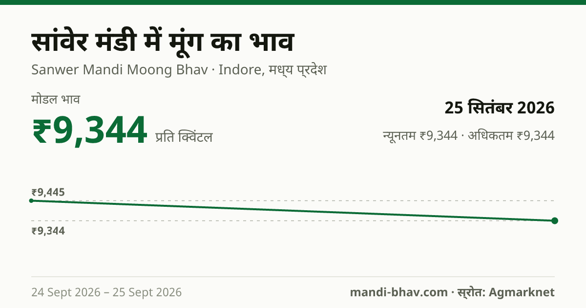 सांवेर मंडी में मूंग का भाव 25 सितंबर 2026: मोडल ₹9,344 प्रति क्विंटल, भाव के रुझान का चार्ट