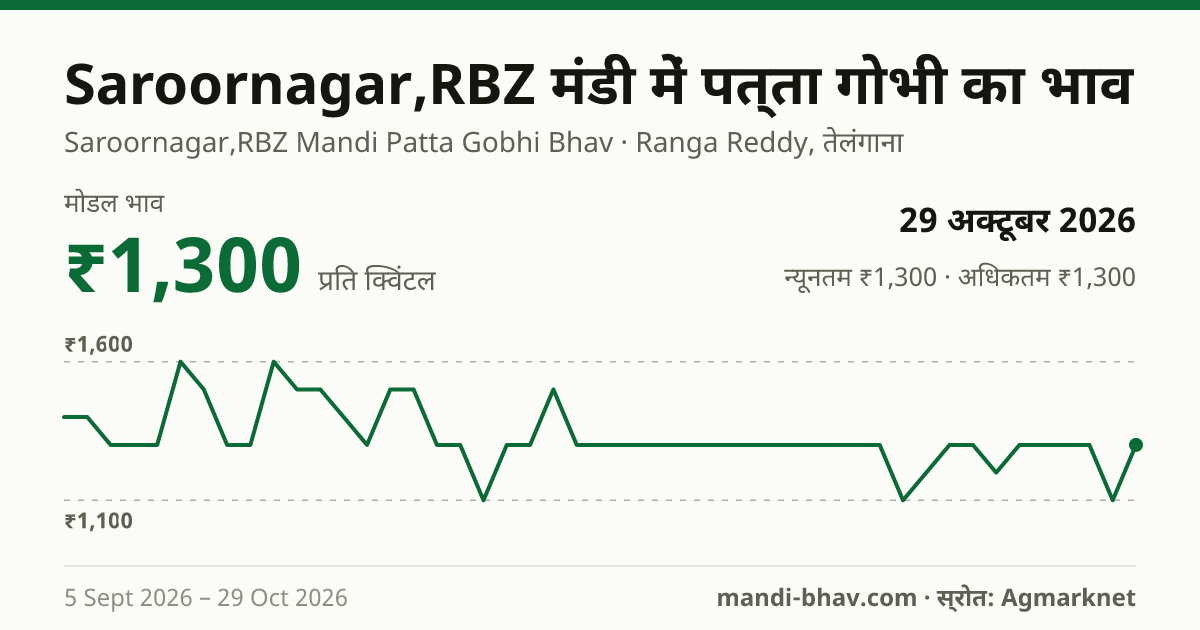 Saroornagar,RBZ मंडी में पत्ता गोभी का भाव 29 अक्टूबर 2026: मोडल ₹1,300 प्रति क्विंटल, भाव के रुझान का चार्ट