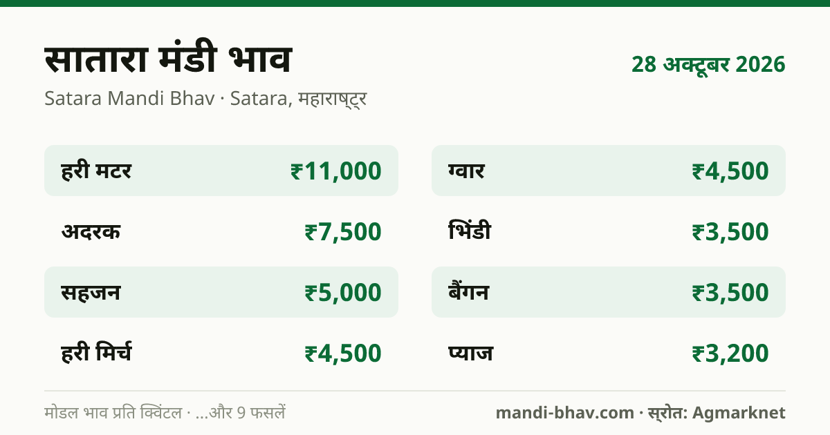 सातारा मंडी भाव 28 अक्टूबर 2026: फसलवार मोडल रेट प्रति क्विंटल