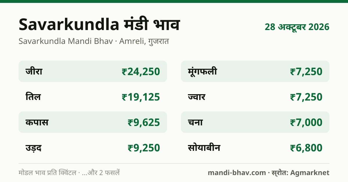 Savarkundla मंडी भाव 28 अक्टूबर 2026: फसलवार मोडल रेट प्रति क्विंटल