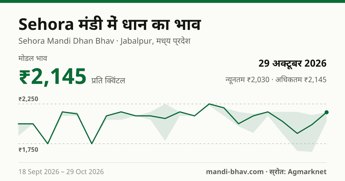 Sehora मंडी में धान का भाव 29 अक्टूबर 2026: मोडल ₹2,145 प्रति क्विंटल, भाव के रुझान का चार्ट