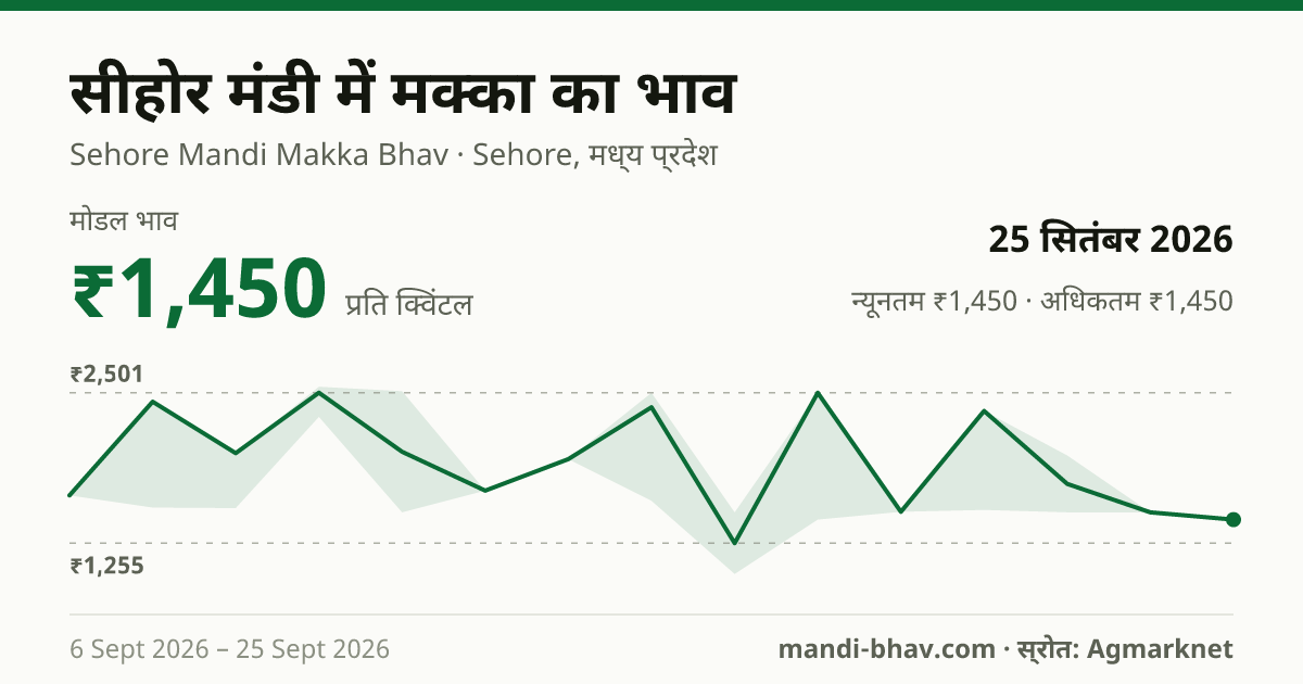 सीहोर मंडी में मक्का का भाव 25 सितंबर 2026: मोडल ₹1,450 प्रति क्विंटल, भाव के रुझान का चार्ट