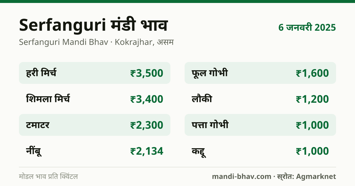 Serfanguri मंडी भाव 6 जनवरी 2025: फसलवार मोडल रेट प्रति क्विंटल