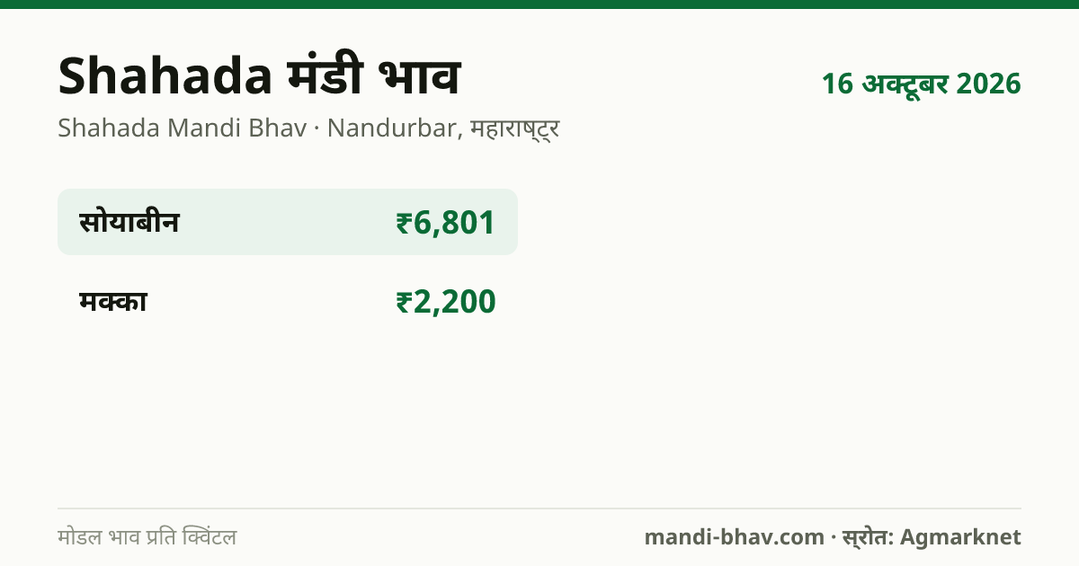 Shahada मंडी भाव 16 अक्टूबर 2026: फसलवार मोडल रेट प्रति क्विंटल