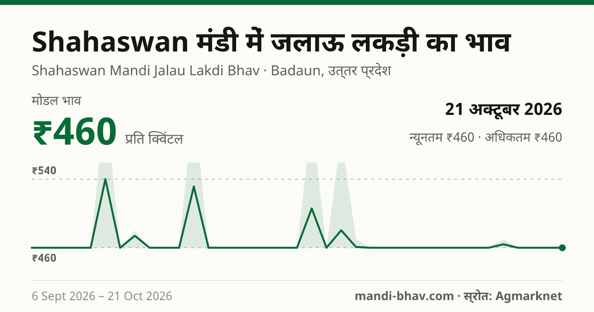 Shahaswan मंडी में Firewood का भाव 21 अक्टूबर 2026: मोडल ₹460 प्रति क्विंटल, भाव के रुझान का चार्ट