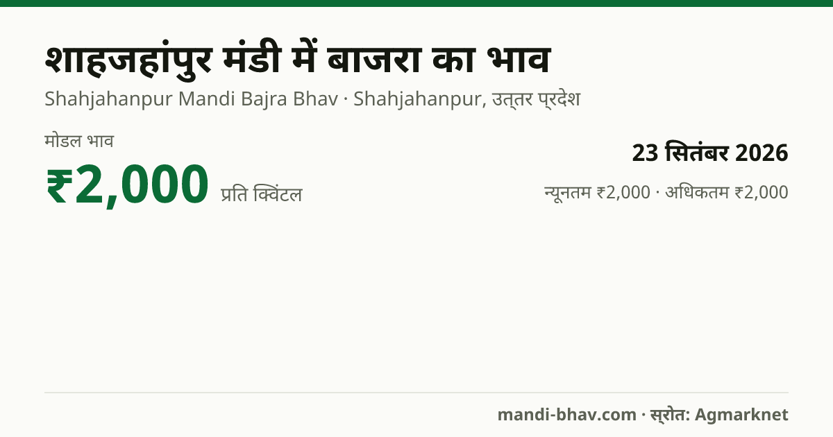 शाहजहांपुर मंडी में बाजरा का भाव 23 सितंबर 2026: मोडल ₹2,000 प्रति क्विंटल, भाव के रुझान का चार्ट