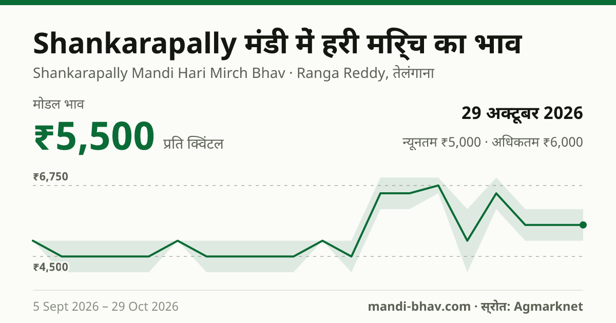 Shankarapally मंडी में हरी मिर्च का भाव 29 अक्टूबर 2026: मोडल ₹5,500 प्रति क्विंटल, भाव के रुझान का चार्ट