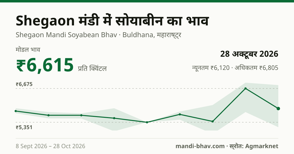 Shegaon मंडी में सोयाबीन का भाव 28 अक्टूबर 2026: मोडल ₹6,615 प्रति क्विंटल, भाव के रुझान का चार्ट