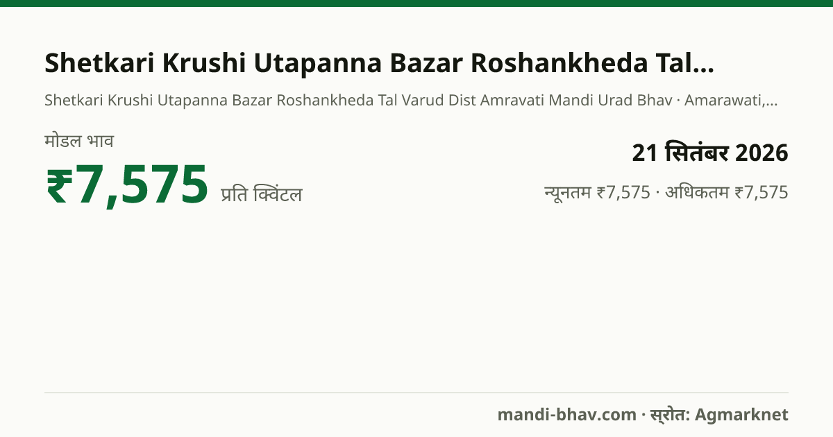 Shetkari Krushi Utapanna Bazar Roshankheda Tal Varud Dist Amravati मंडी में उड़द का भाव 21 सितंबर 2026: मोडल ₹7,575 प्रति क्विंटल, भाव के रुझान का चार्ट