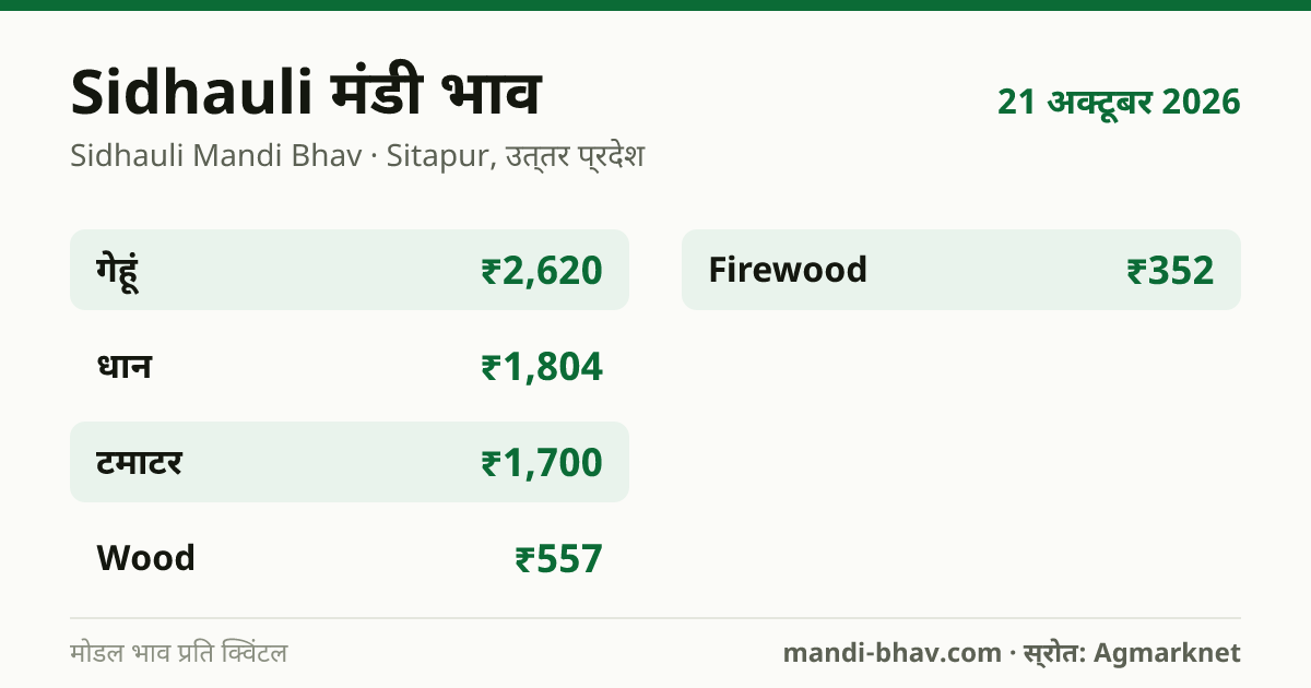Sidhauli मंडी भाव 21 अक्टूबर 2026: फसलवार मोडल रेट प्रति क्विंटल
