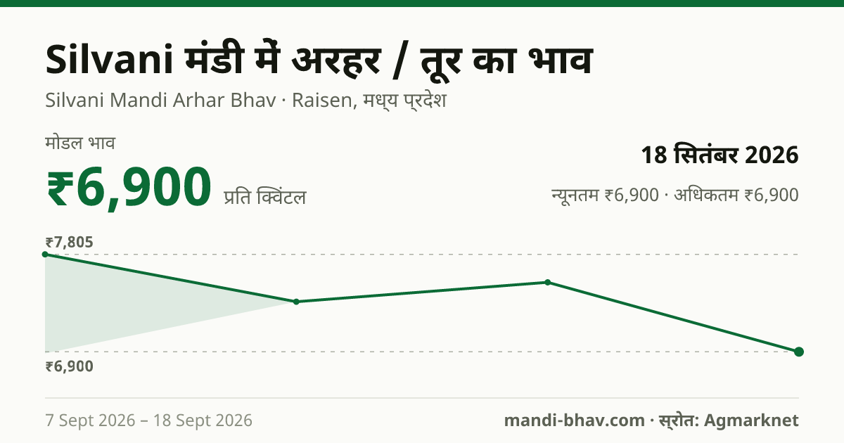 Silvani मंडी में अरहर / तूर का भाव 18 सितंबर 2026: मोडल ₹6,900 प्रति क्विंटल, भाव के रुझान का चार्ट