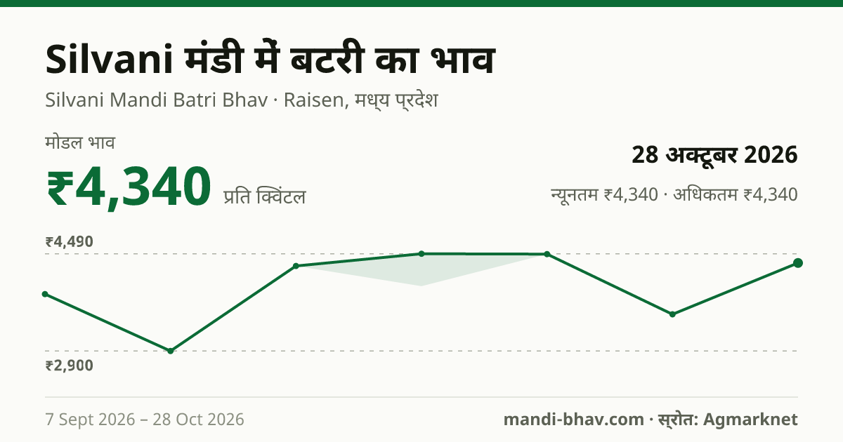 Silvani मंडी में Buttery का भाव 28 अक्टूबर 2026: मोडल ₹4,340 प्रति क्विंटल, भाव के रुझान का चार्ट