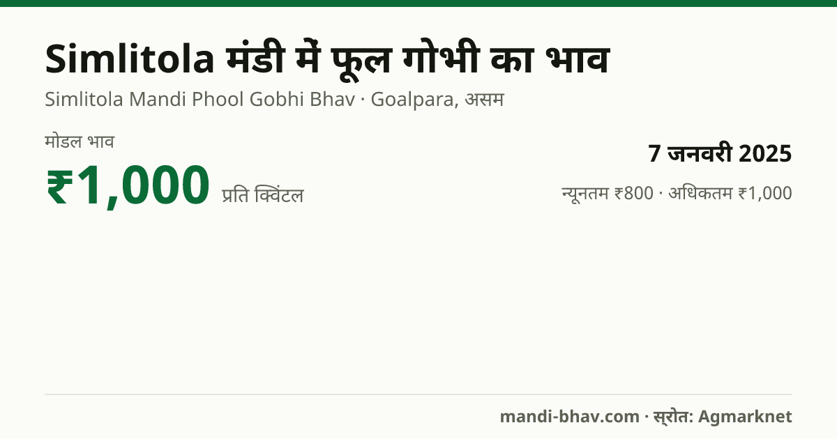 Simlitola मंडी में फूल गोभी का भाव 7 जनवरी 2025: मोडल ₹1,000 प्रति क्विंटल, भाव के रुझान का चार्ट