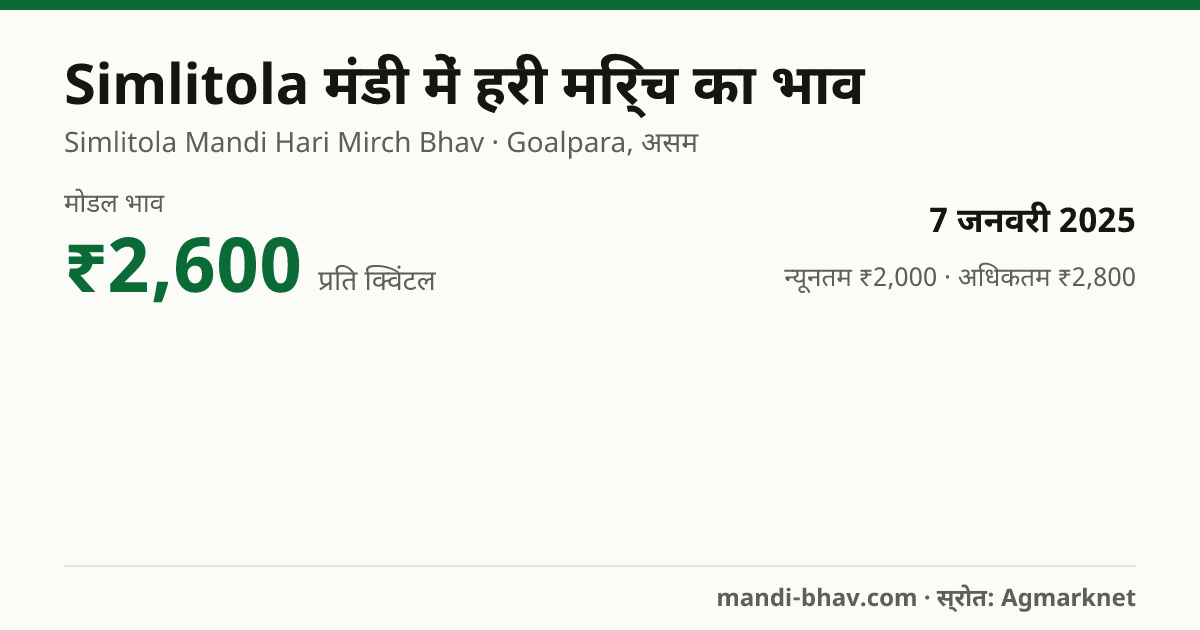 Simlitola मंडी में हरी मिर्च का भाव 7 जनवरी 2025: मोडल ₹2,600 प्रति क्विंटल, भाव के रुझान का चार्ट