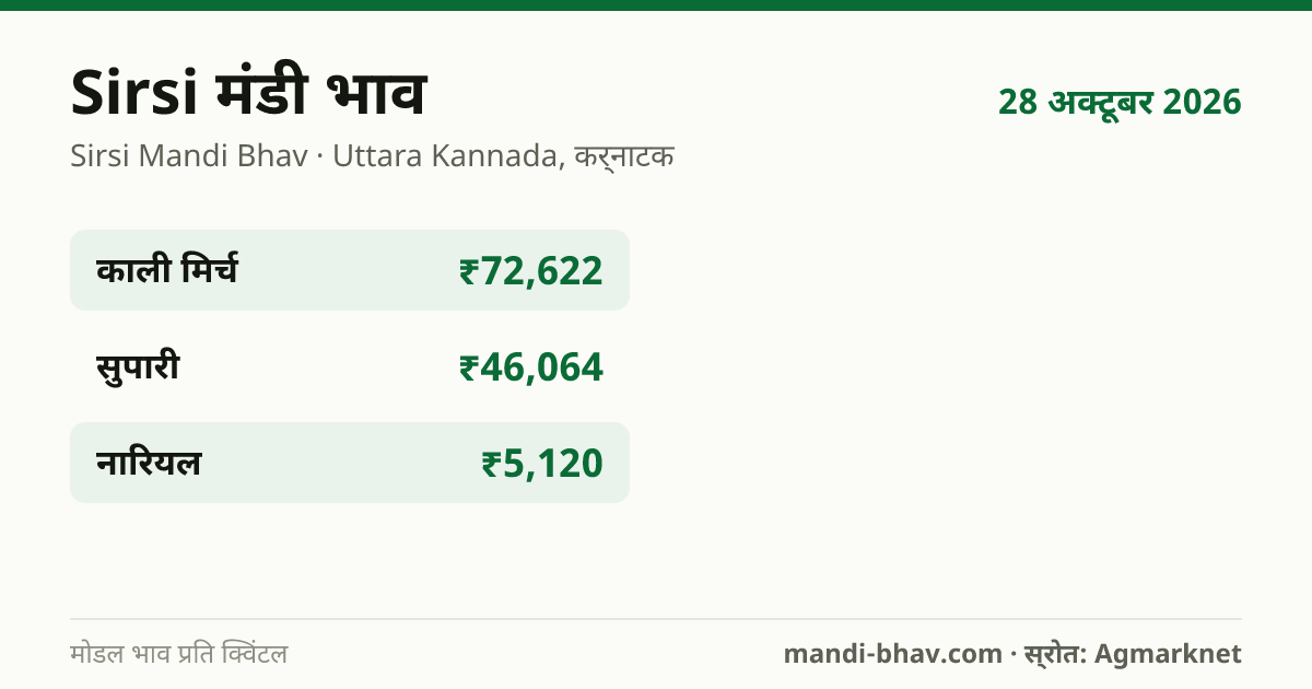 Sirsi मंडी भाव 28 अक्टूबर 2026: फसलवार मोडल रेट प्रति क्विंटल