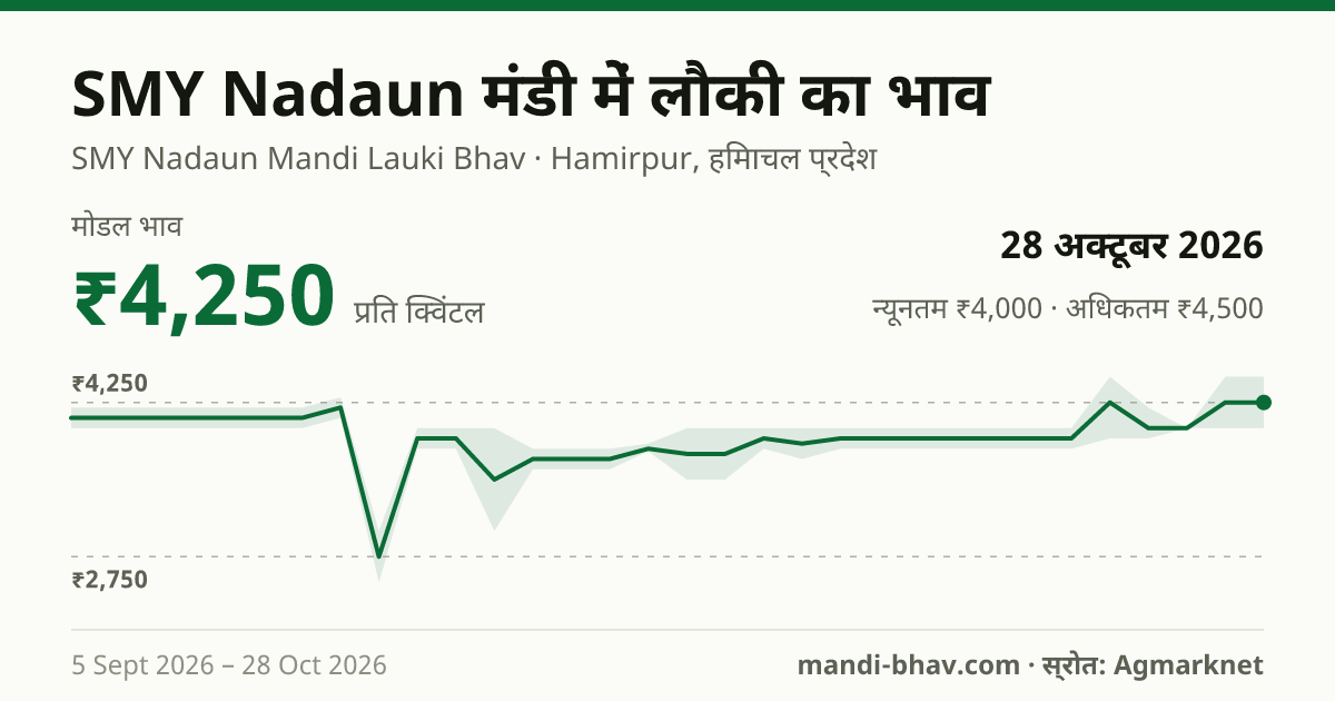 SMY Nadaun मंडी में लौकी का भाव 28 अक्टूबर 2026: मोडल ₹4,250 प्रति क्विंटल, भाव के रुझान का चार्ट