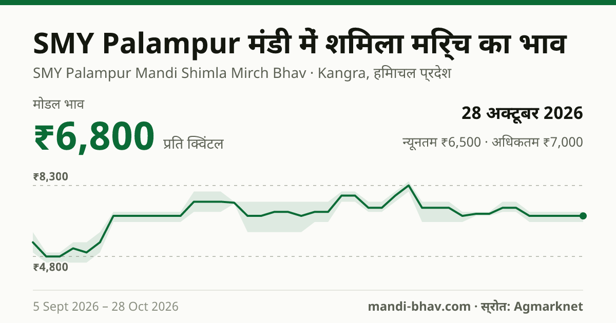SMY Palampur मंडी में शिमला मिर्च का भाव 28 अक्टूबर 2026: मोडल ₹6,800 प्रति क्विंटल, भाव के रुझान का चार्ट