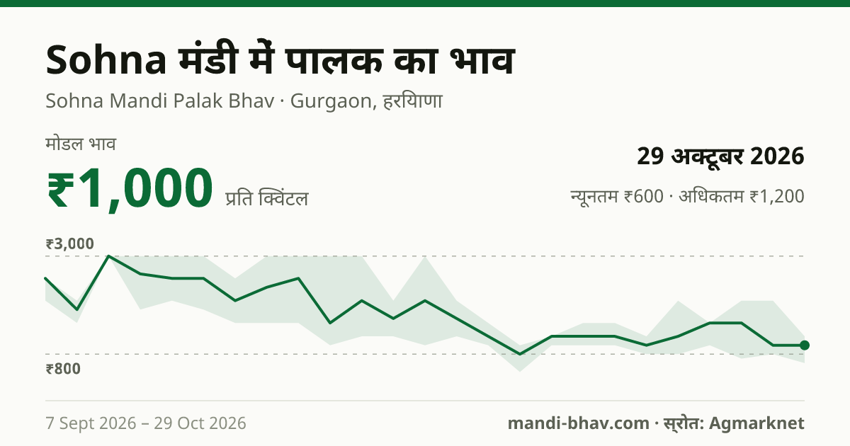Sohna मंडी में पालक का भाव 29 अक्टूबर 2026: मोडल ₹1,000 प्रति क्विंटल, भाव के रुझान का चार्ट