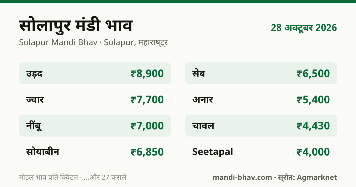 सोलापुर मंडी भाव 28 अक्टूबर 2026: फसलवार मोडल रेट प्रति क्विंटल