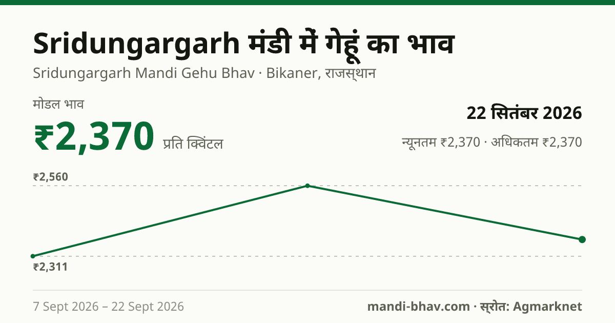 Sridungargarh मंडी में गेहूं का भाव 22 सितंबर 2026: मोडल ₹2,370 प्रति क्विंटल, भाव के रुझान का चार्ट