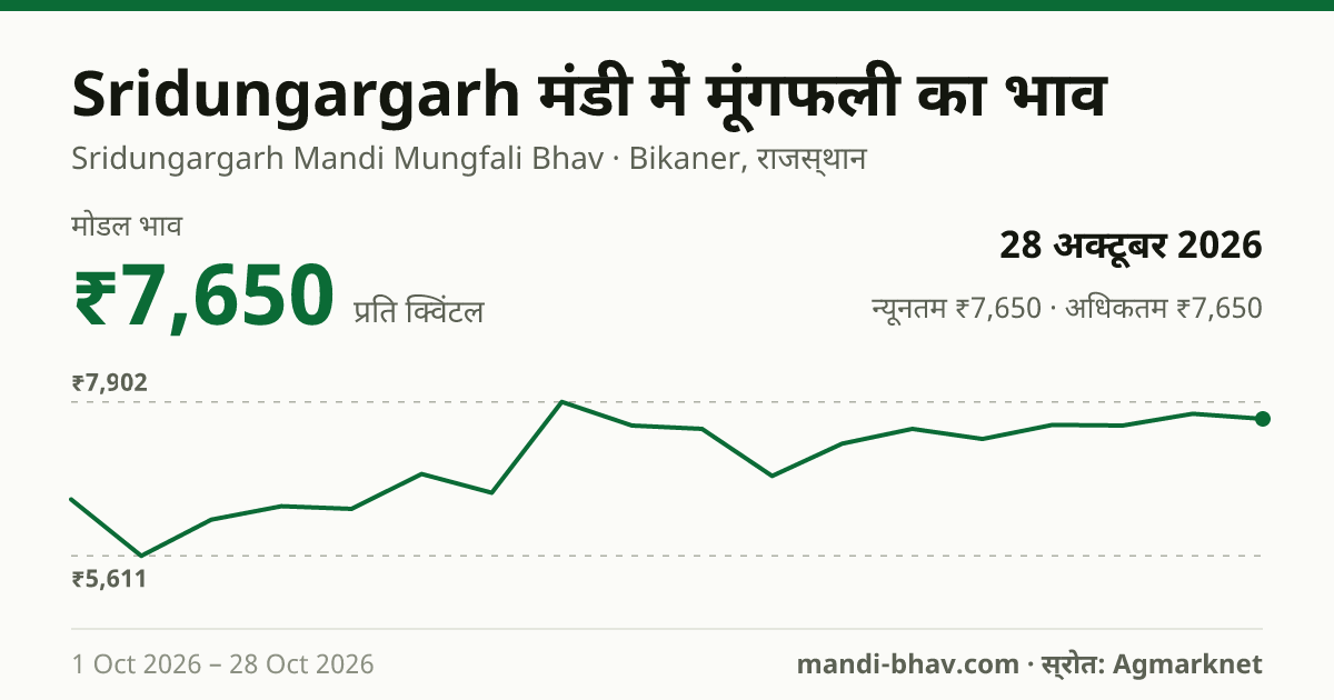 Sridungargarh मंडी में मूंगफली का भाव 28 अक्टूबर 2026: मोडल ₹7,650 प्रति क्विंटल, भाव के रुझान का चार्ट