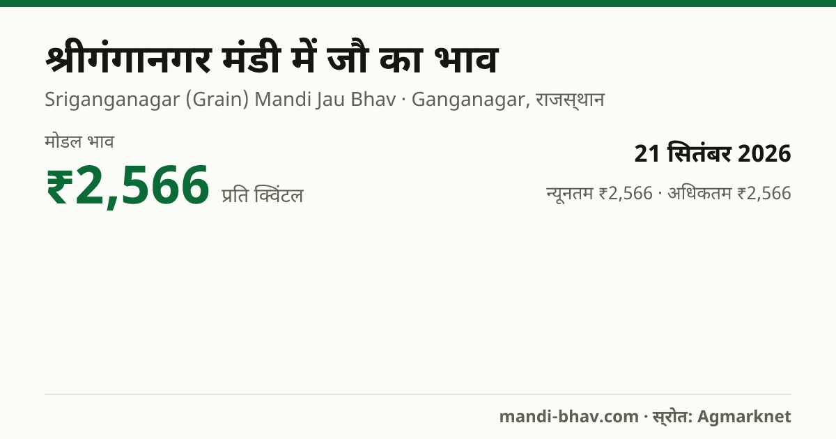 श्रीगंगानगर मंडी में जौ का भाव 21 सितंबर 2026: मोडल ₹2,566 प्रति क्विंटल, भाव के रुझान का चार्ट