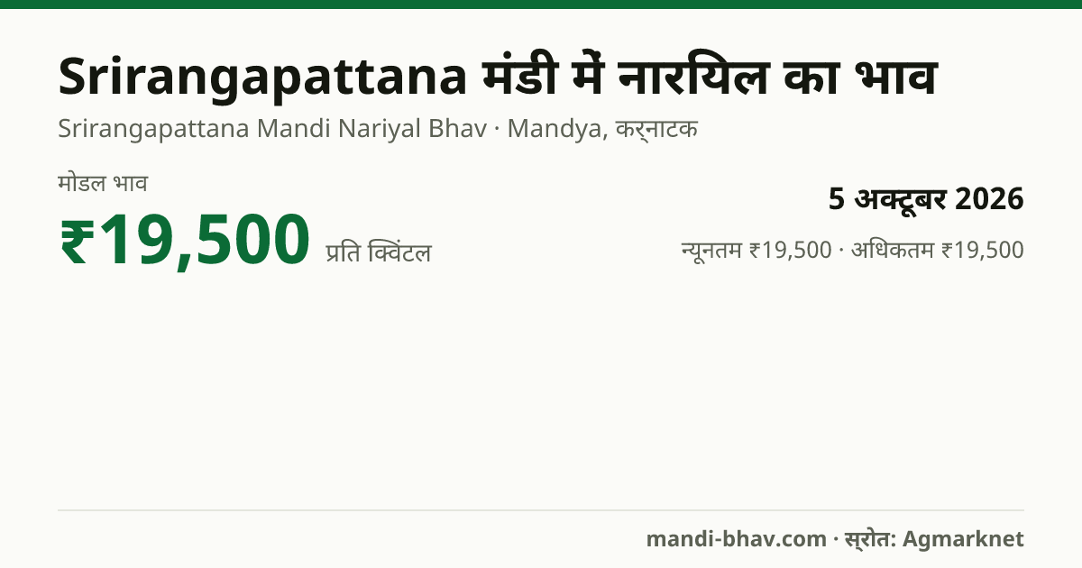Srirangapattana मंडी में नारियल का भाव 5 अक्टूबर 2026: मोडल ₹19,500 प्रति क्विंटल, भाव के रुझान का चार्ट