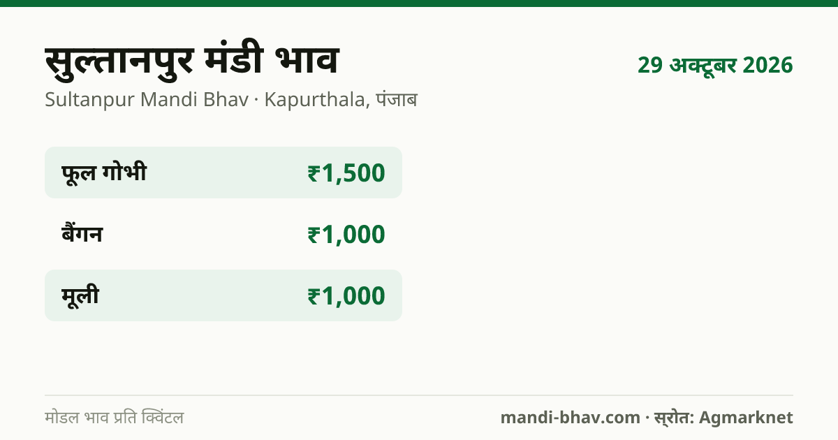सुल्तानपुर मंडी भाव 29 अक्टूबर 2026: फसलवार मोडल रेट प्रति क्विंटल