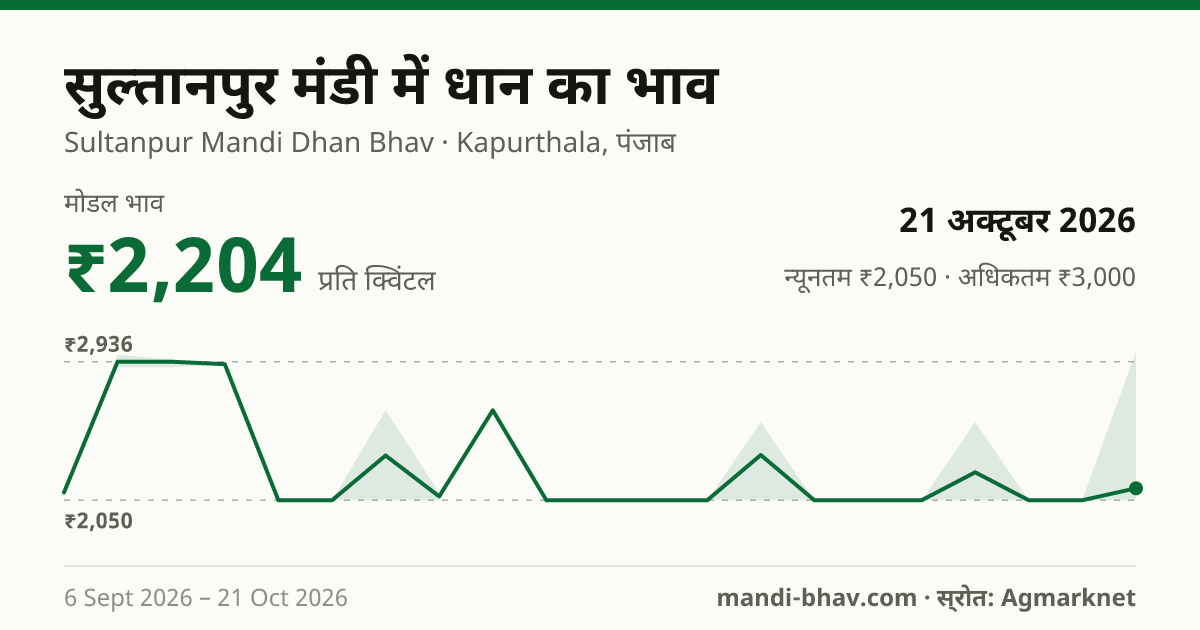 सुल्तानपुर मंडी में धान का भाव 21 अक्टूबर 2026: मोडल ₹2,204 प्रति क्विंटल, भाव के रुझान का चार्ट