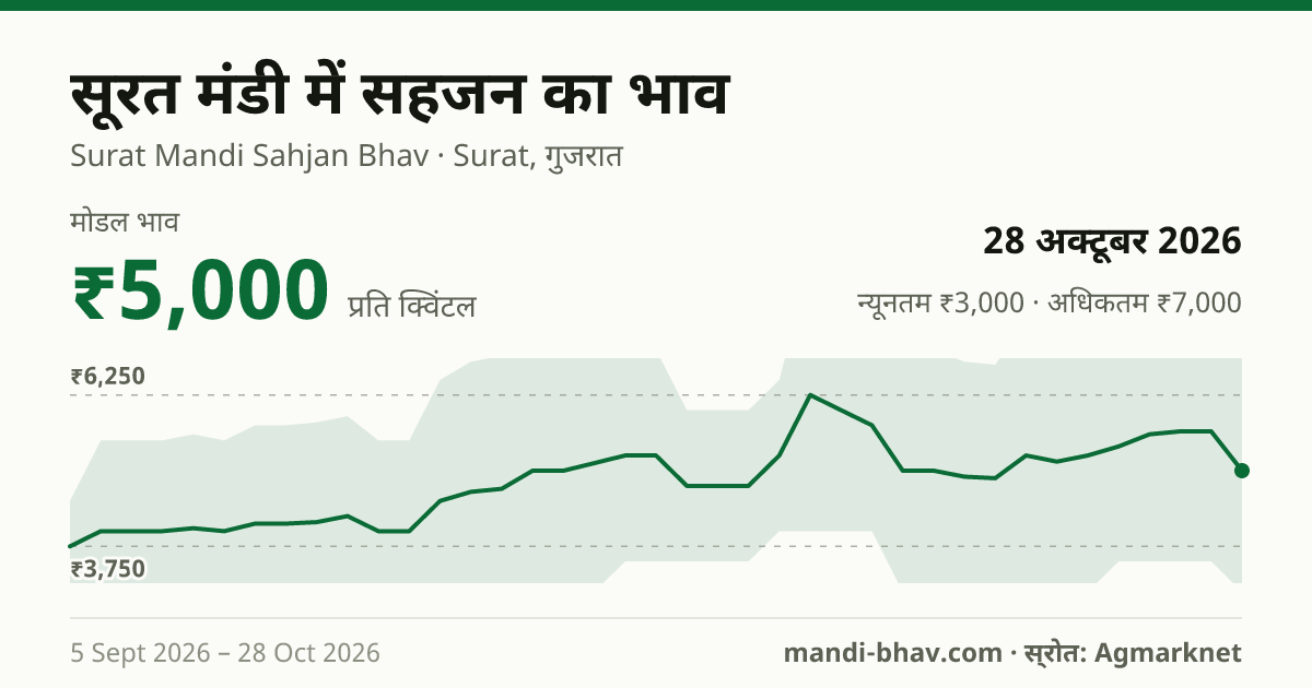 सूरत मंडी में सहजन का भाव 28 अक्टूबर 2026: मोडल ₹5,000 प्रति क्विंटल, भाव के रुझान का चार्ट