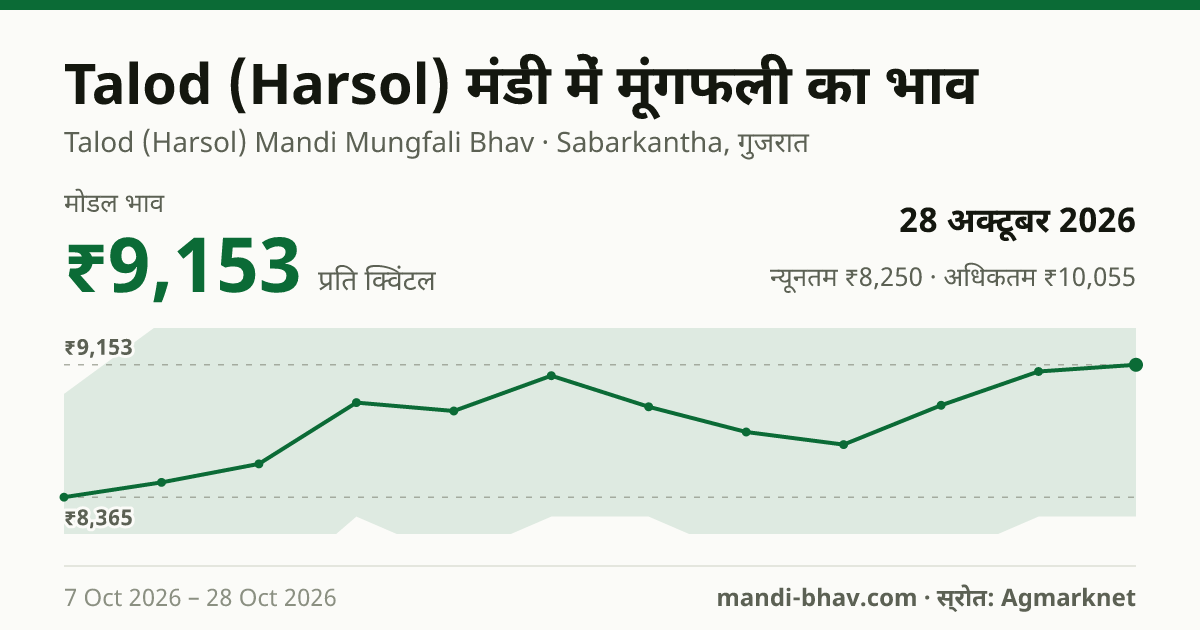 Talod (Harsol) मंडी में मूंगफली का भाव 28 अक्टूबर 2026: मोडल ₹9,153 प्रति क्विंटल, भाव के रुझान का चार्ट