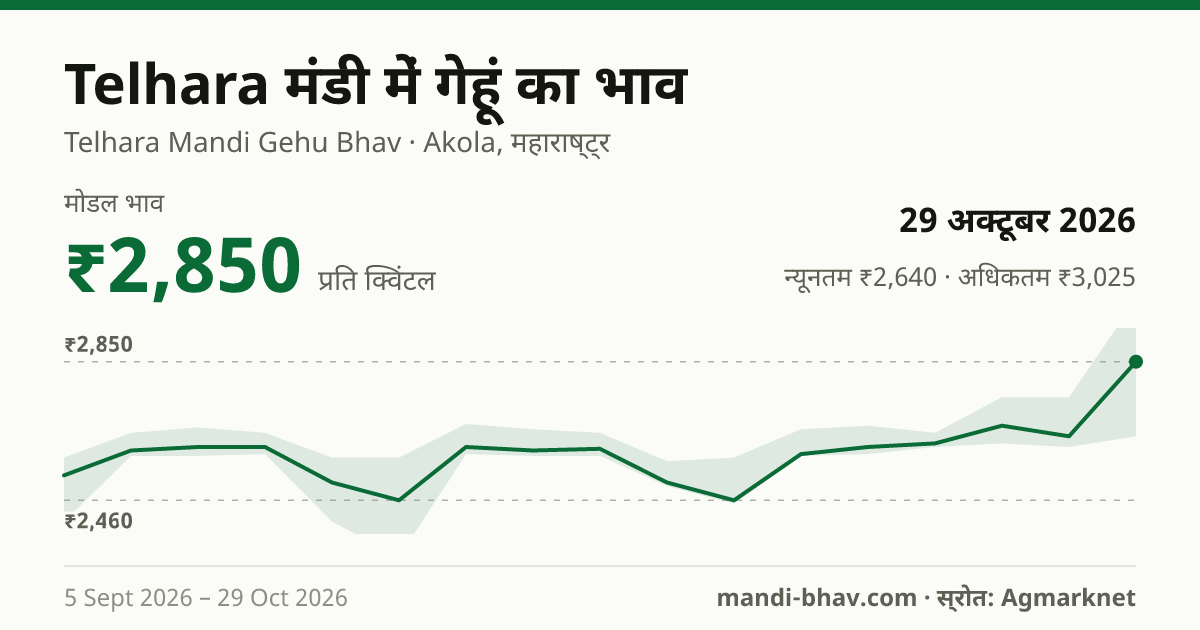 Telhara मंडी में गेहूं का भाव 29 अक्टूबर 2026: मोडल ₹2,850 प्रति क्विंटल, भाव के रुझान का चार्ट