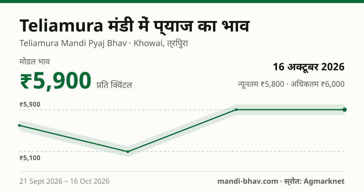 Teliamura मंडी में प्याज का भाव 16 अक्टूबर 2026: मोडल ₹5,900 प्रति क्विंटल, भाव के रुझान का चार्ट