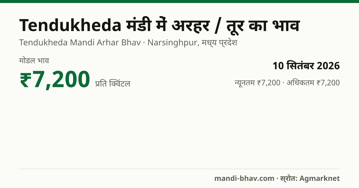Tendukheda मंडी में अरहर / तूर का भाव 10 सितंबर 2026: मोडल ₹7,200 प्रति क्विंटल, भाव के रुझान का चार्ट