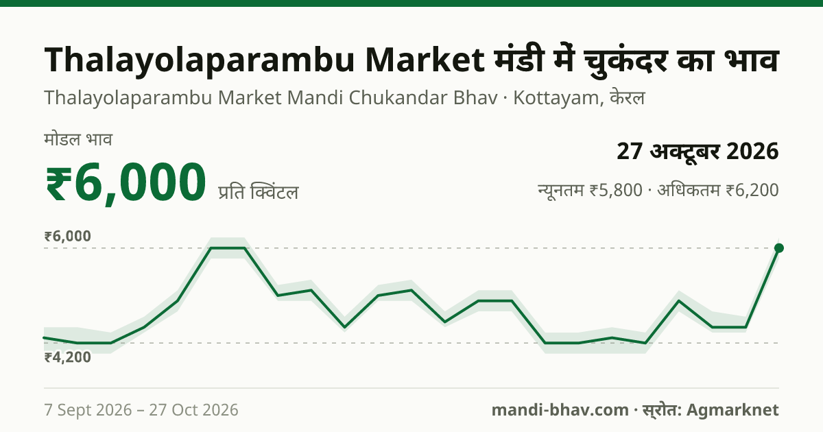 Thalayolaparambu Market मंडी में चुकंदर का भाव 27 अक्टूबर 2026: मोडल ₹6,000 प्रति क्विंटल, भाव के रुझान का चार्ट