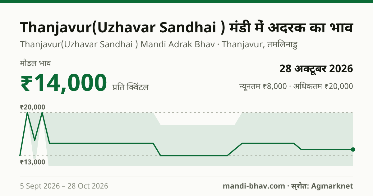 Thanjavur(Uzhavar Sandhai ) मंडी में अदरक का भाव 28 अक्टूबर 2026: मोडल ₹14,000 प्रति क्विंटल, भाव के रुझान का चार्ट