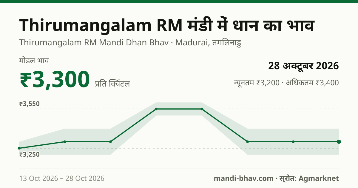 Thirumangalam RM मंडी में धान का भाव 28 अक्टूबर 2026: मोडल ₹3,300 प्रति क्विंटल, भाव के रुझान का चार्ट