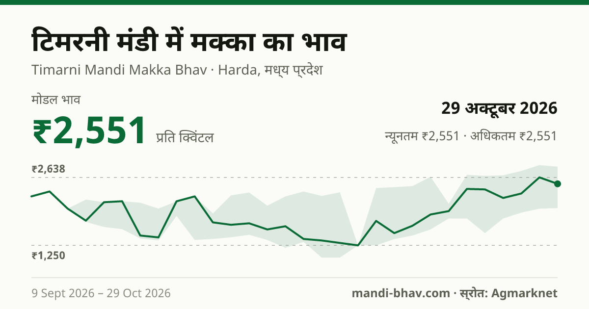 Timarni मंडी में मक्का का भाव 29 अक्टूबर 2026: मोडल ₹2,551 प्रति क्विंटल, भाव के रुझान का चार्ट