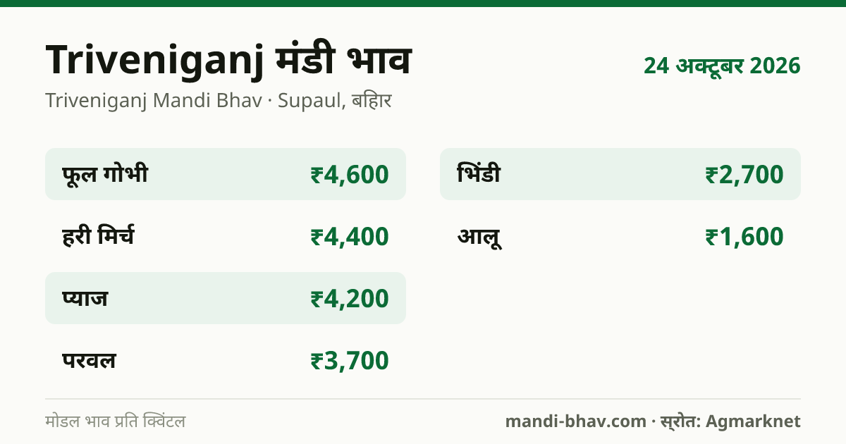 Triveniganj मंडी भाव 24 अक्टूबर 2026: फसलवार मोडल रेट प्रति क्विंटल