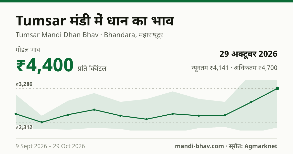 Tumsar मंडी में धान का भाव 29 अक्टूबर 2026: मोडल ₹4,400 प्रति क्विंटल, भाव के रुझान का चार्ट