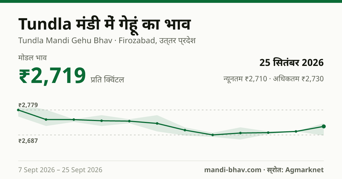 Tundla मंडी में गेहूं का भाव 25 सितंबर 2026: मोडल ₹2,719 प्रति क्विंटल, भाव के रुझान का चार्ट