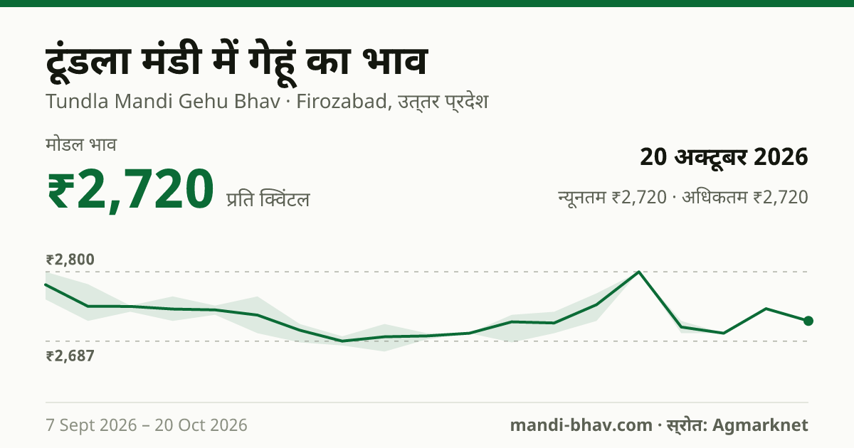 Tundla मंडी में गेहूं का भाव 20 अक्टूबर 2026: मोडल ₹2,720 प्रति क्विंटल, भाव के रुझान का चार्ट