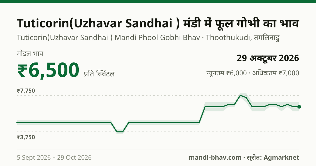 Tuticorin(Uzhavar Sandhai ) मंडी में फूल गोभी का भाव 29 अक्टूबर 2026: मोडल ₹6,500 प्रति क्विंटल, भाव के रुझान का चार्ट