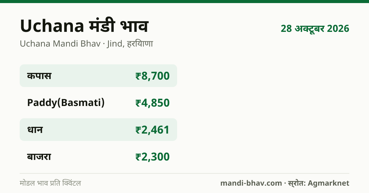 Uchana मंडी भाव 28 अक्टूबर 2026: फसलवार मोडल रेट प्रति क्विंटल