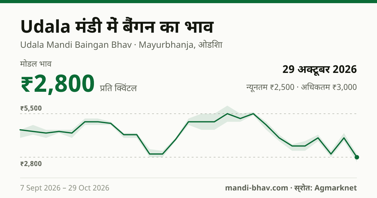 Udala मंडी में बैंगन का भाव 29 अक्टूबर 2026: मोडल ₹2,800 प्रति क्विंटल, भाव के रुझान का चार्ट