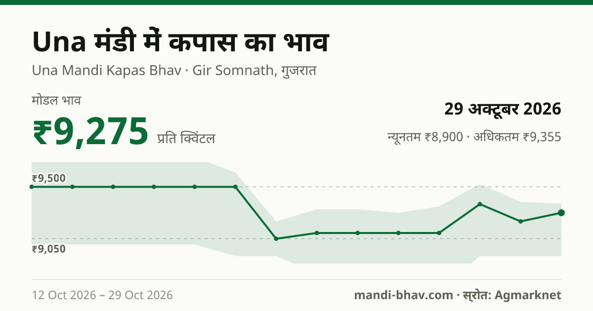 Una मंडी में कपास का भाव 29 अक्टूबर 2026: मोडल ₹9,275 प्रति क्विंटल, भाव के रुझान का चार्ट