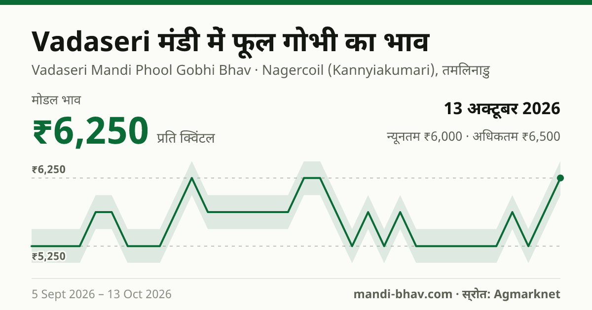 Vadaseri मंडी में फूल गोभी का भाव 13 अक्टूबर 2026: मोडल ₹6,250 प्रति क्विंटल, भाव के रुझान का चार्ट