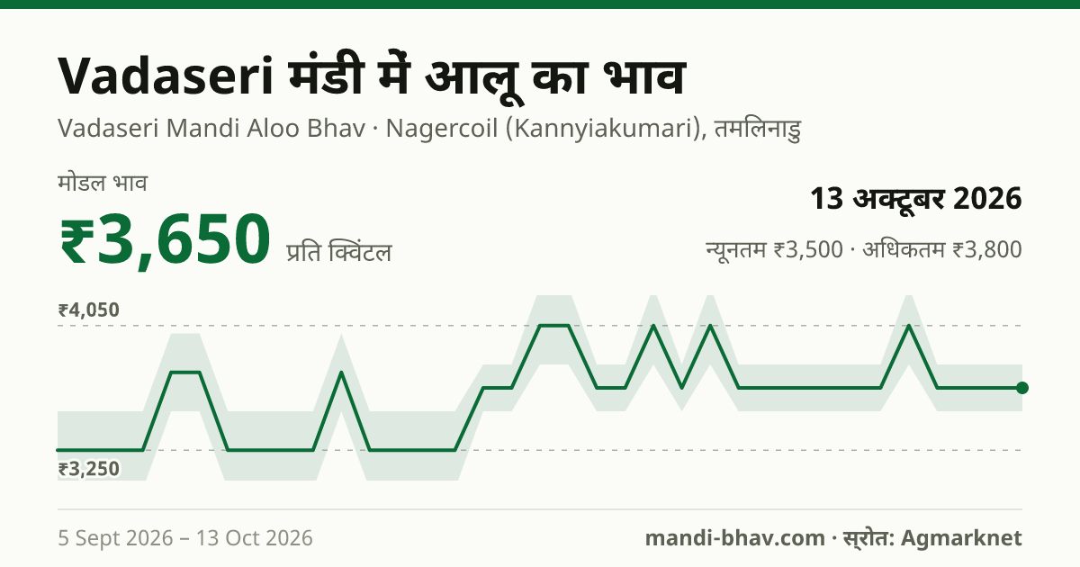 Vadaseri मंडी में आलू का भाव 13 अक्टूबर 2026: मोडल ₹3,650 प्रति क्विंटल, भाव के रुझान का चार्ट