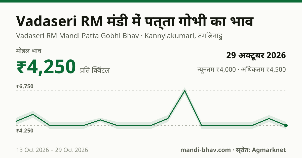 Vadaseri RM मंडी में पत्ता गोभी का भाव 29 अक्टूबर 2026: मोडल ₹4,250 प्रति क्विंटल, भाव के रुझान का चार्ट